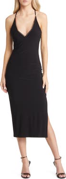 bebe Golden Bar Halter Body-Con Midi Dress