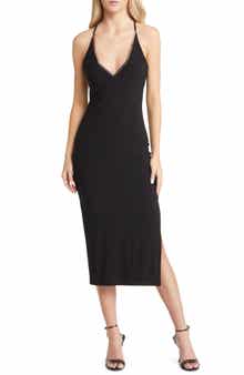 bebe Golden Bar Halter Body-Con Midi Dress