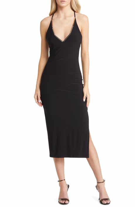 bebe Golden Bar Halter Body-Con Midi Dress