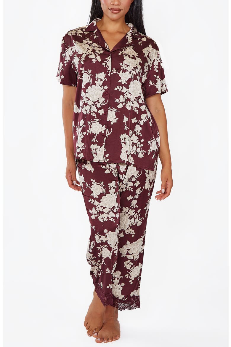 Floral Print Lace-Trim Satin Pajama Set, Main, color, Burgundy