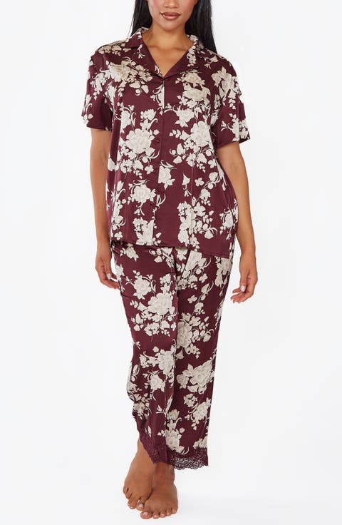 Floral Print Lace-Trim Satin Pajama Set