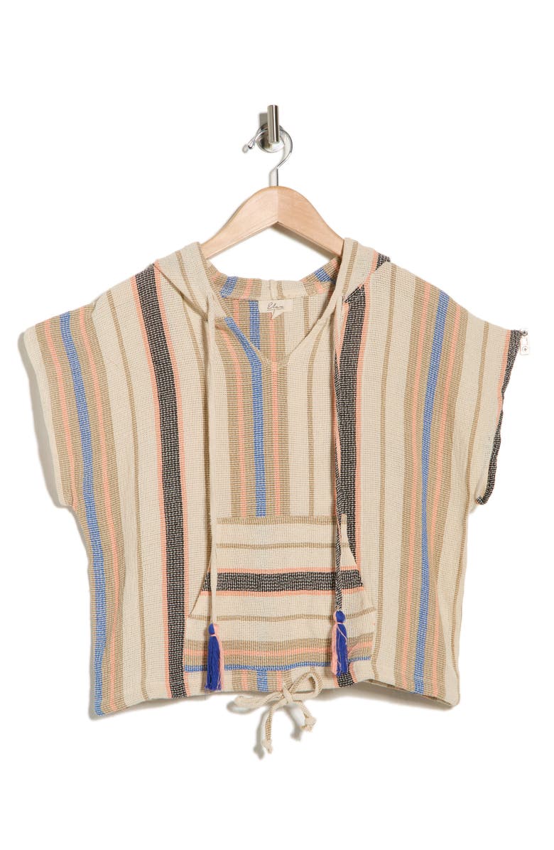 Elan Short Sleeve Cotton Cover-Up Hoodie, Main, color, Natural/ Blue Stripe