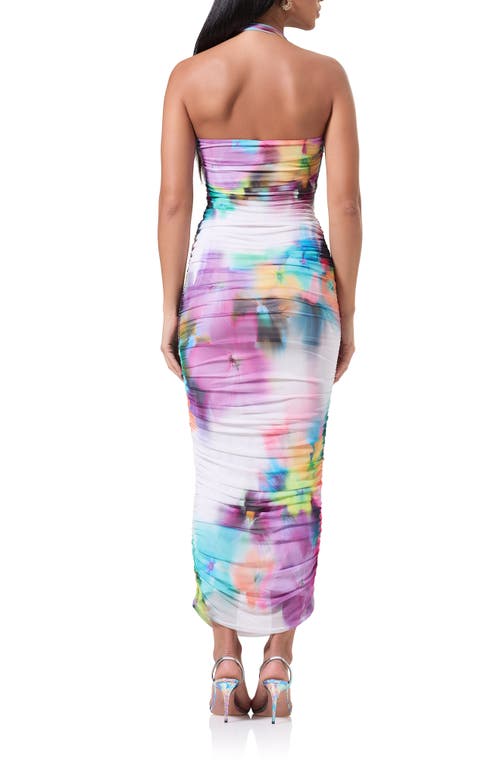 Afrm Indina Floral Ruched Mesh Halter Maxi Dress In Blur Pansy