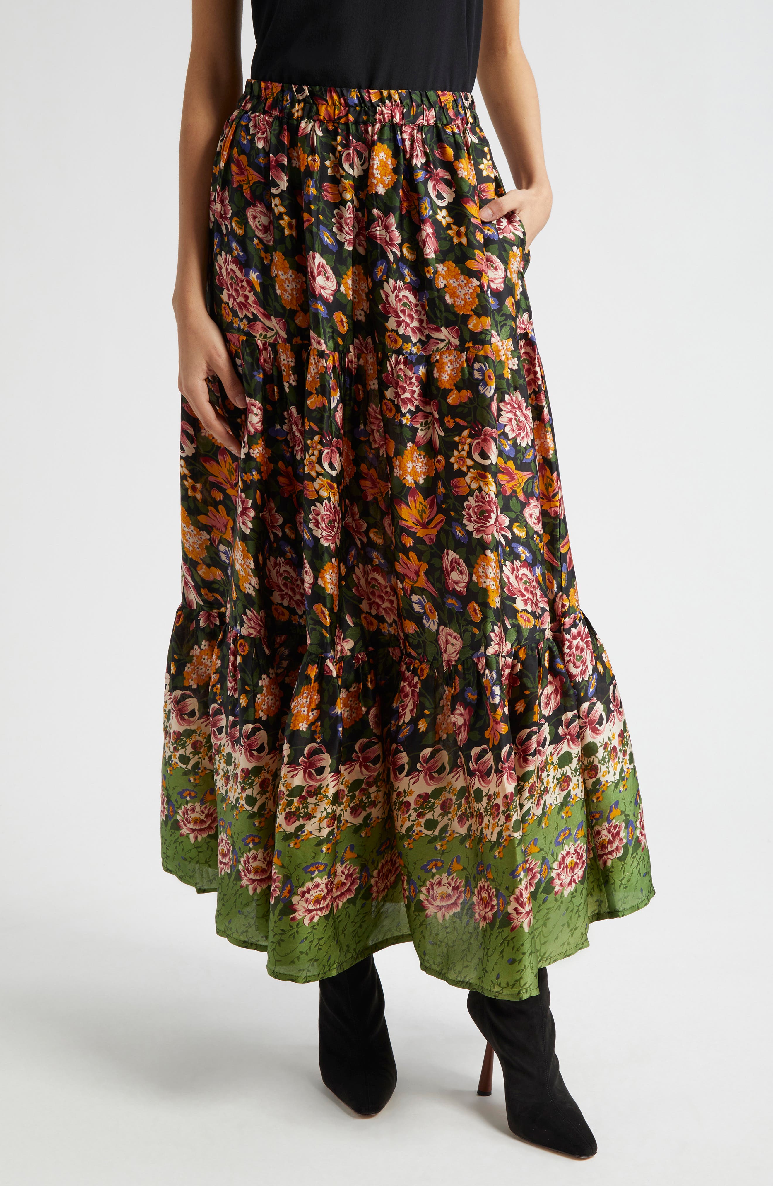 MILLE Paola Floral Print Tie Waist Maxi Skirt in Secret Garden 