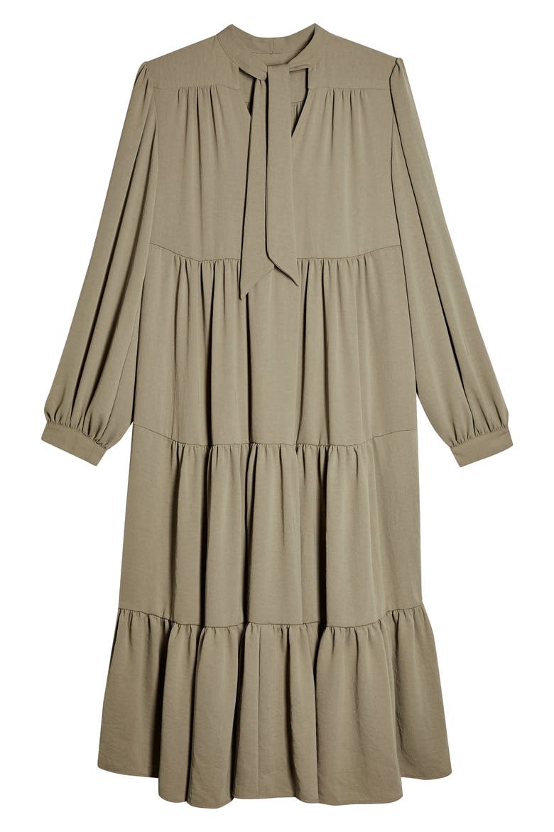 Tiered Tie Neck Chuckon Long Sleeve Midi Dress, Alternate, color, OLIVE