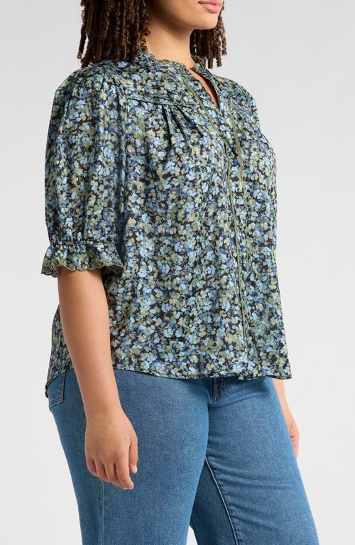 Wit & Wisdom Ruffle Lace Floral Print Top In Black/deep Seagrass Multi