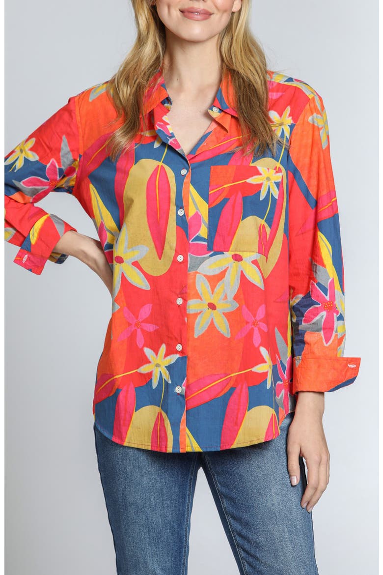 Print Cotton Button-Up Shirt, Main, color, BRIGHT ORANGE MULTI