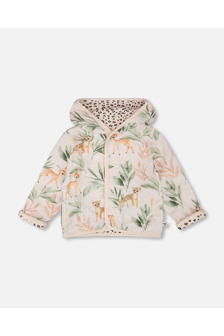 Muslin and Organic Cotton Jersey Reversible Deer and Leopard Printed Hooded Jacket, Main, color, Peach Deer Print