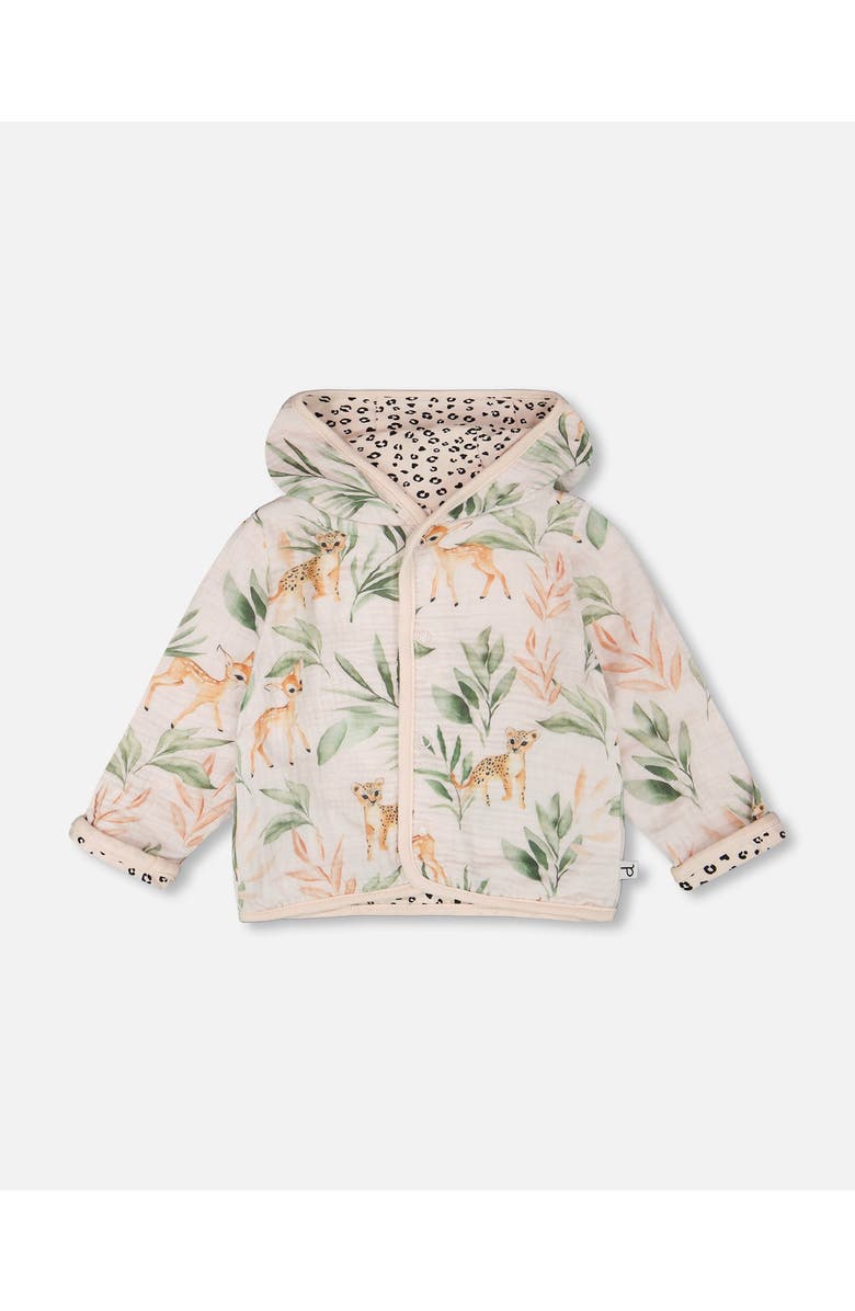 Deux par Deux Muslin and Organic Cotton Jersey Reversible Deer and Leopard Printed Hooded Jacket, Main, color, Peach Deer Print