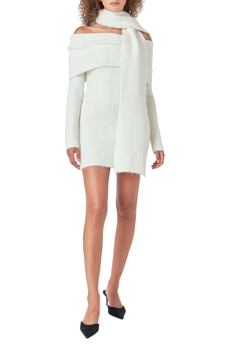Off the Shoulder Long Sleeve Cable Stitch Sweater Dress with Tie, Main, color, IVORY