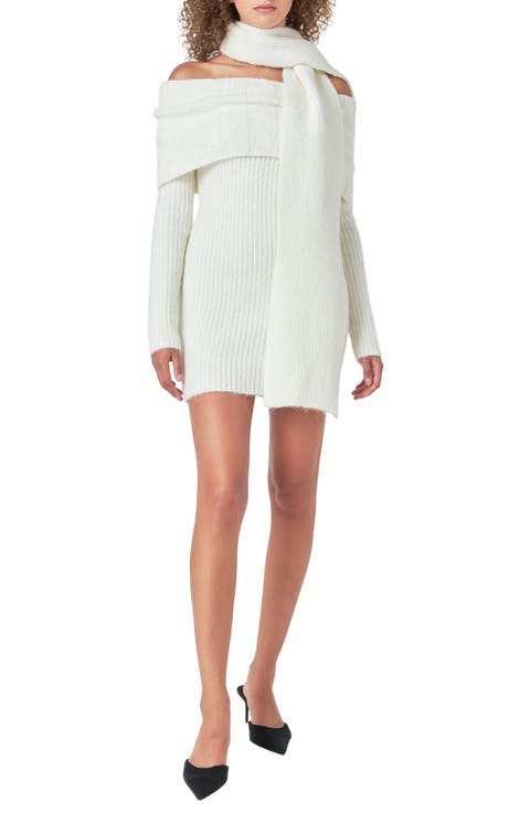 Off the Shoulder Long Sleeve Cable Stitch Sweater Dress with Tie