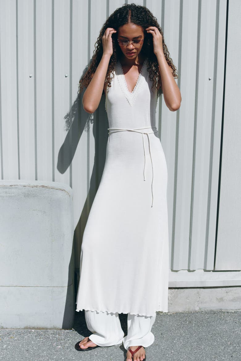Lace-trimmed Tie-belt Dress, Alternate, color, Cream