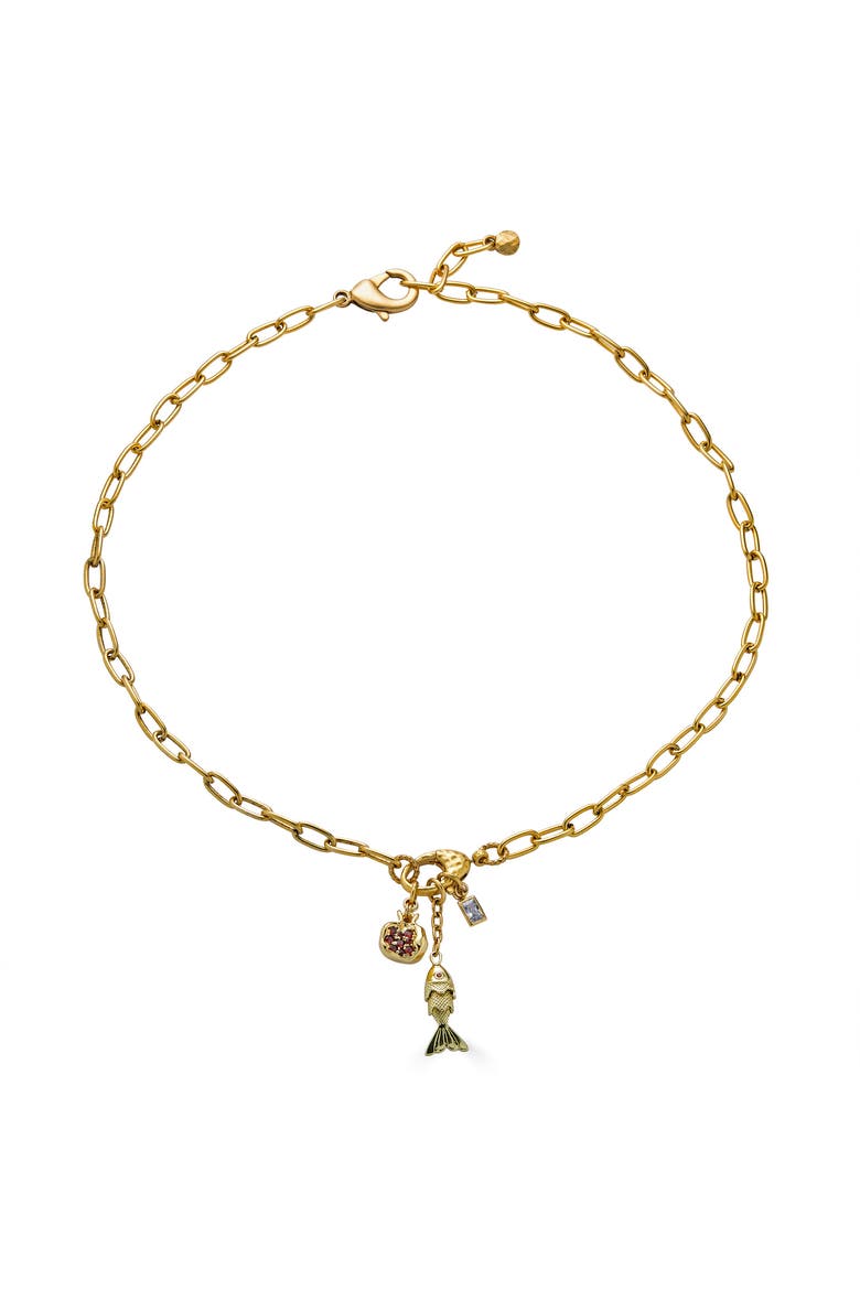 Fish and Pomegranate Charm Drop Necklace, Main, color, Gold