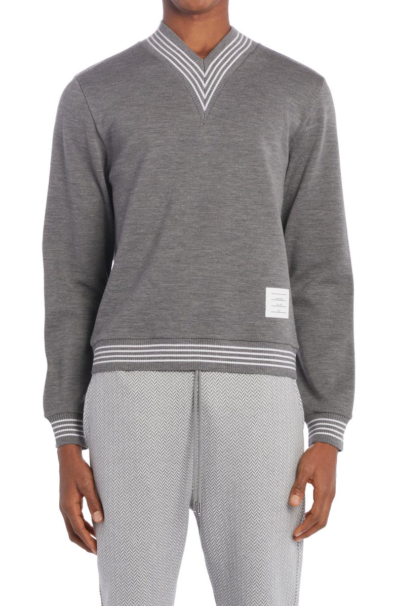 Thom Browne Milano V-Neck Virgin Wool Sweater, Main, color, 
