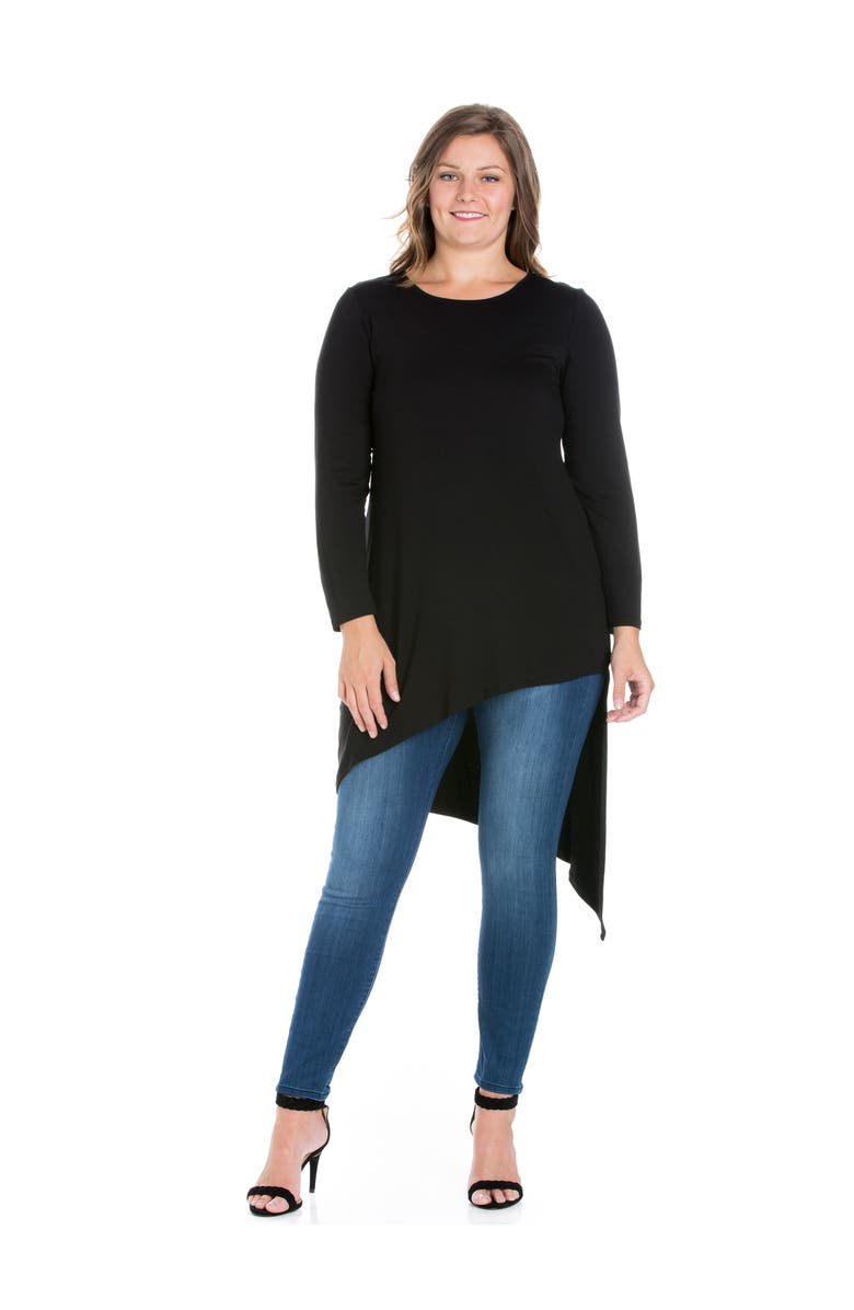 24seven Comfort Apparel Plus Size Long Sleeve Knee Length Asymmetrical Tunic Top, Main, color, Black