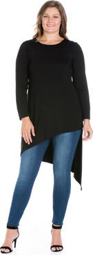 24seven Comfort Apparel Plus Size Long Sleeve Knee Length Asymmetrical Tunic Top