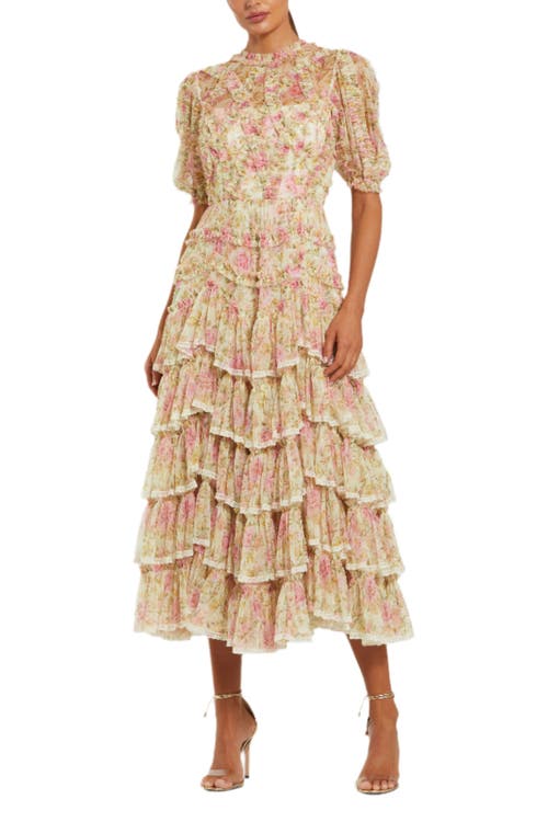 Mac Duggal Lace Trim Printed Mesh High Neck Midi Dress