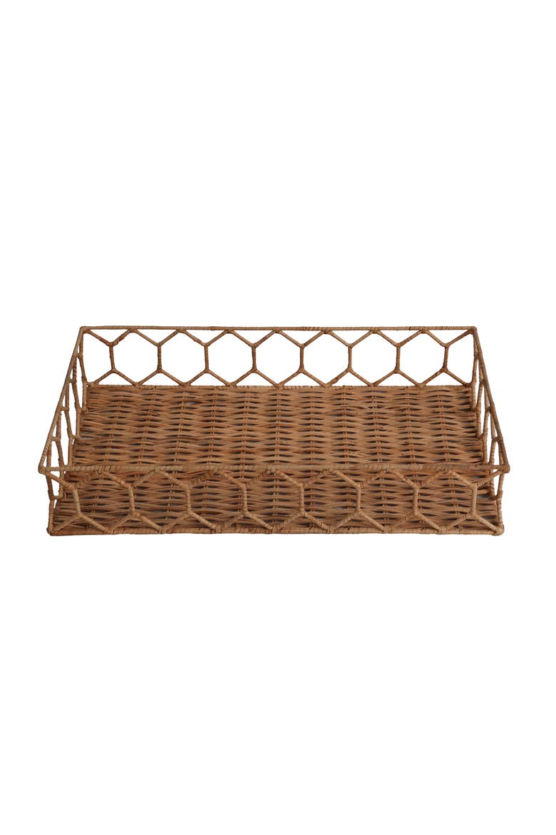 Honeycomb 19.75" Rustic Bohemian Hand-Woven Rattan Tray, Natural, Main, color, Light Brown