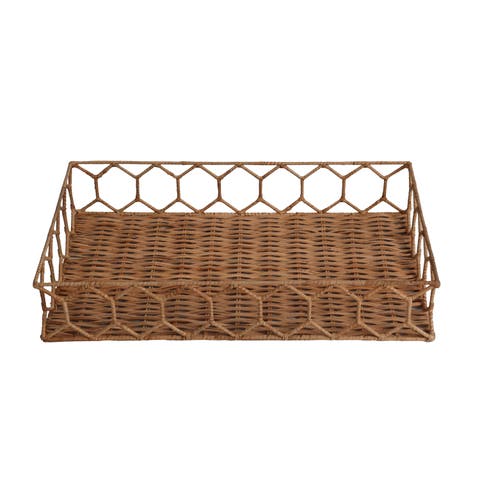 Honeycomb 19.75" Rustic Bohemian Hand-Woven Rattan Tray, Natural