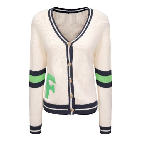 Emblem Applique Striped Trim Knit Cardigan