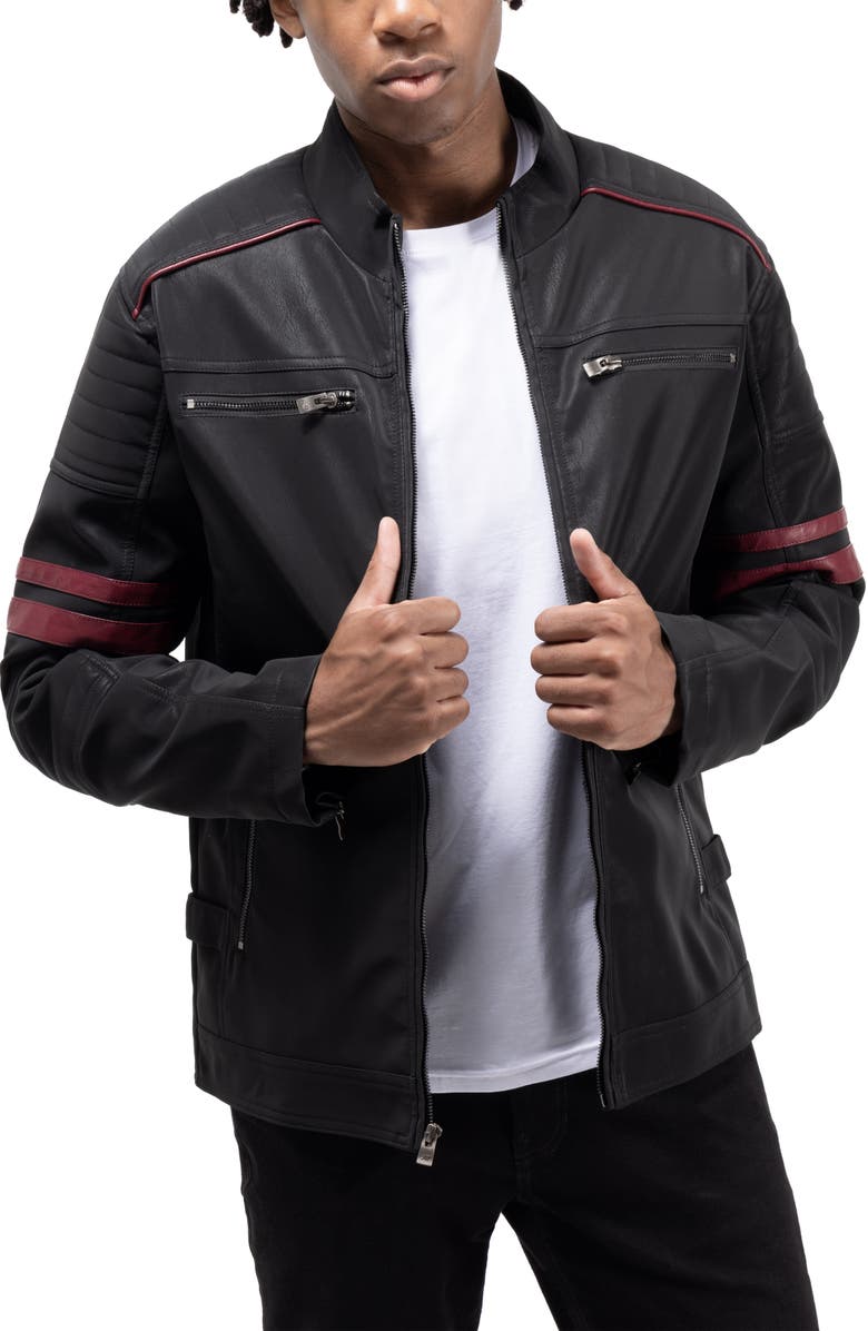 XRAY Faux Fur Lined Faux Leather Moto Jacket, Alternate, color, Black/ Burgundy