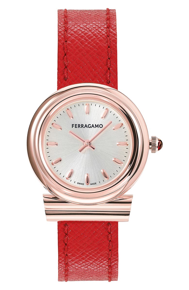 FERRAGAMO Gancini Leather Strap Watch, 28mm, Main, color, 