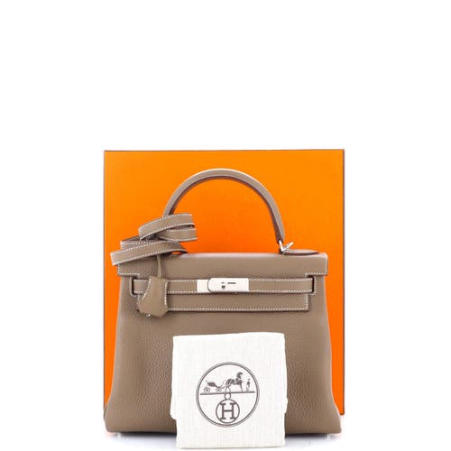 Pre-owned Hermes  Hermes Kelly Handbag Grey Clemence With Palladium Hardware 28 In Brown