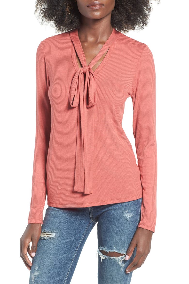 Ribbed Tie Neck Top, Main, color, AUBURN