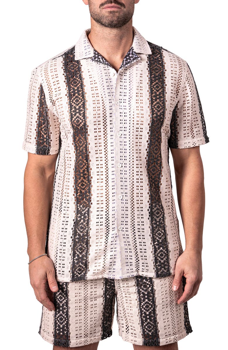 Maceoo Stripescream Open Stitch Short Sleeve Cotton Button-Up Shirt, Main, color, Stripe/ Cream/ White