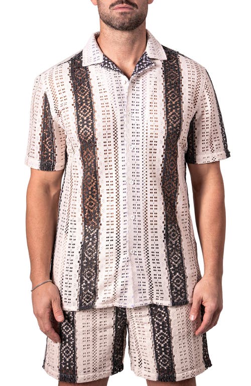 Maceoo Stripescream Open Stitch Short Sleeve Cotton Button-up Shirt In Neutral