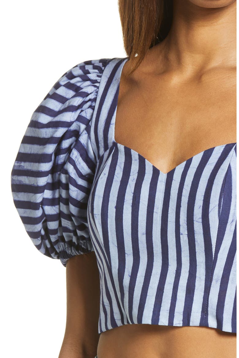 Asha Stripe Puff Sleeve Crop Top, Alternate, color, NAVY BLUE/ WHITE