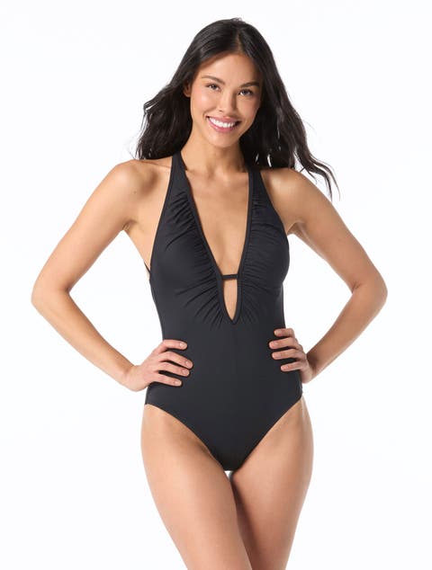 Shirred Plunge Neck One-Piece Swimsuit