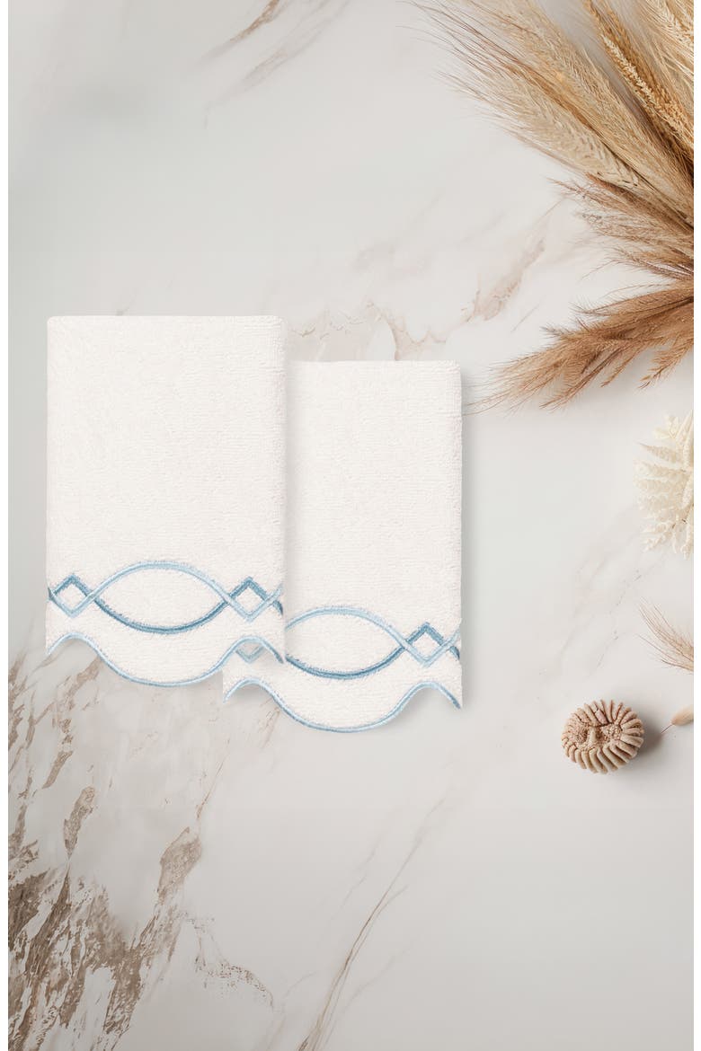 Diamond Chain Scallop Set of 2 Hand Towels, Alternate, color, WHITE/ BLUE