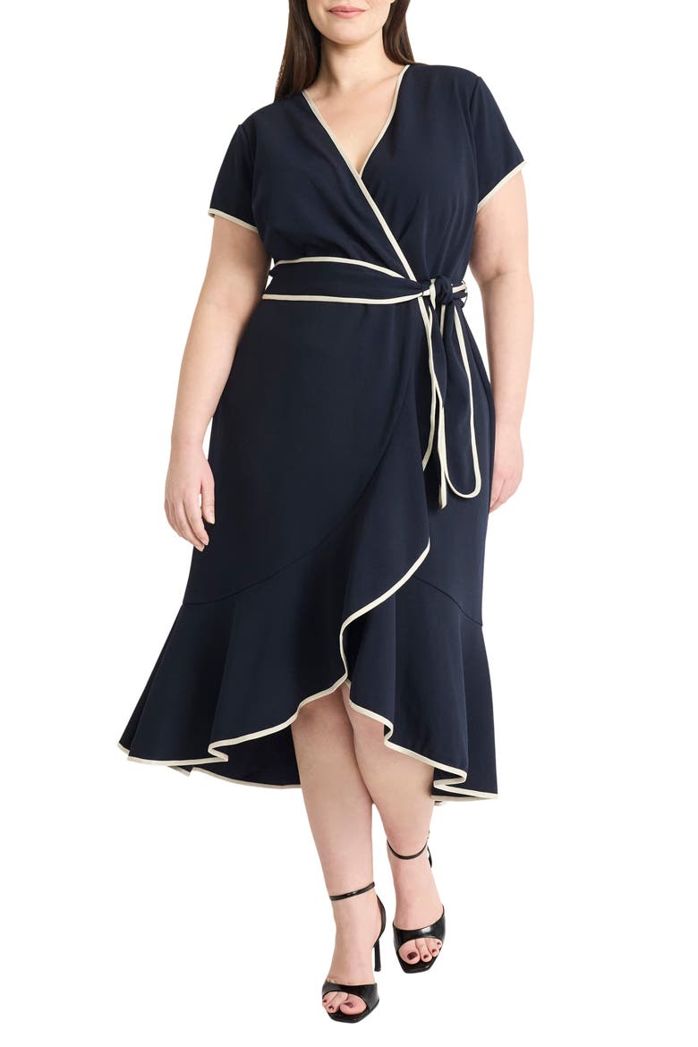Contrast Trim Short Sleeve Faux Wrap Dress, Main, color, TWILIGHT NAVY