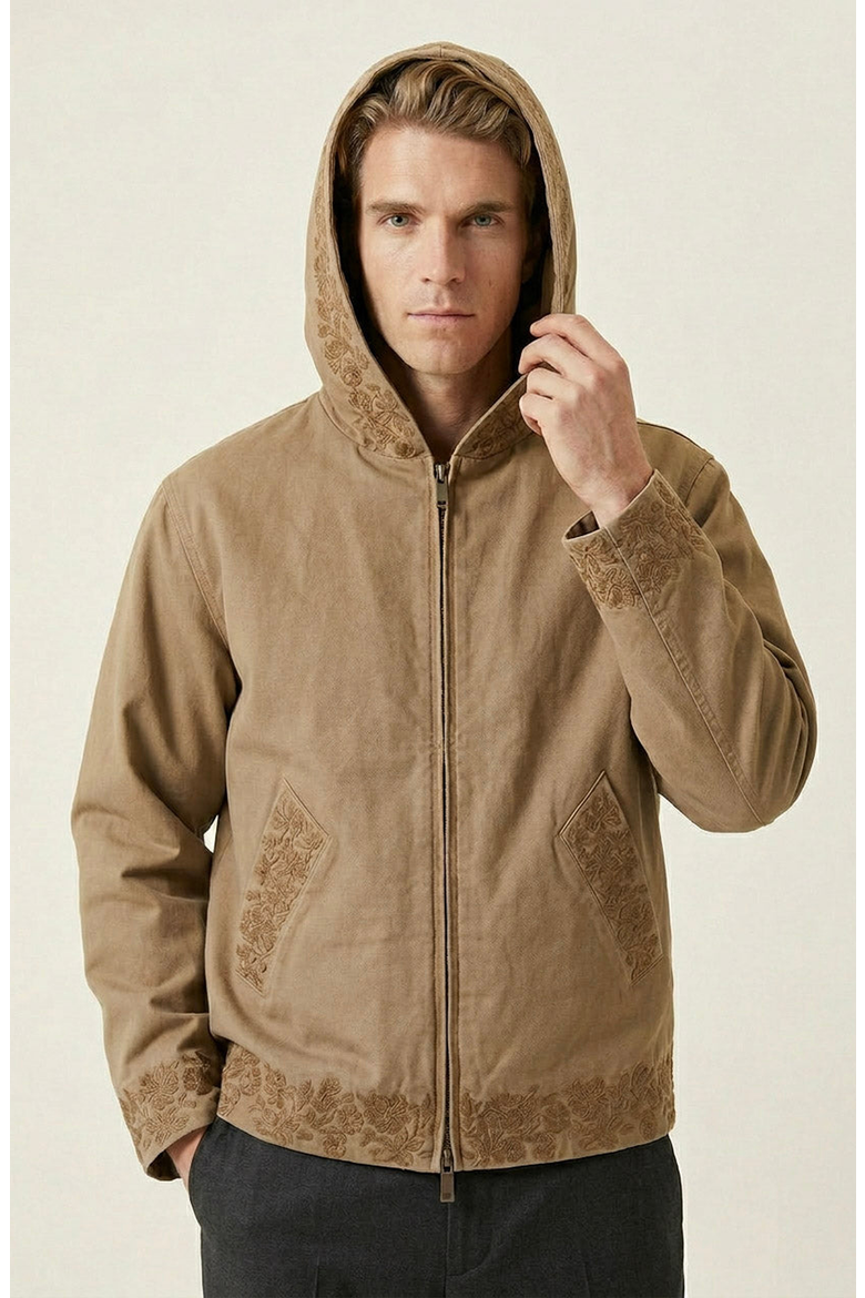 Embroidered Trim Hooded Jacket, Main, color, Tan