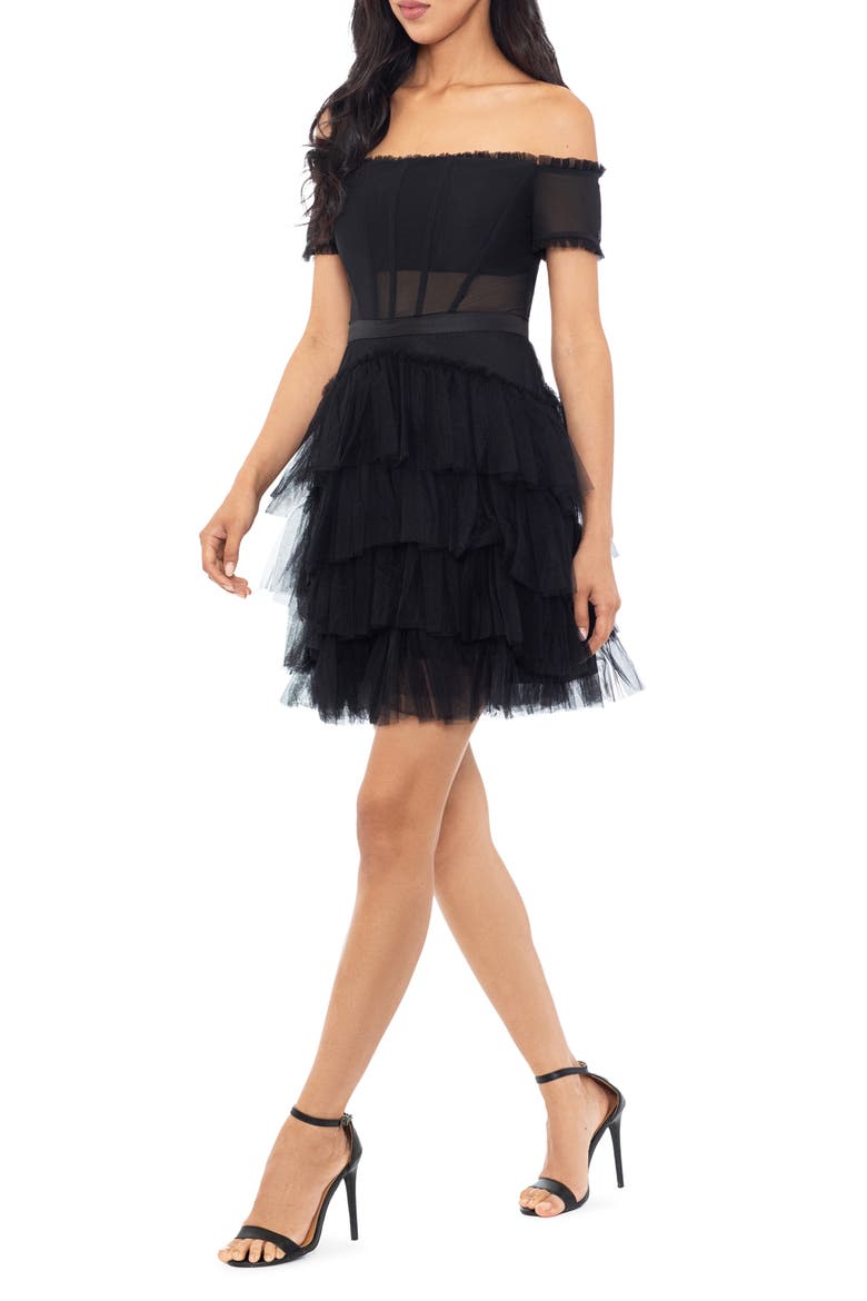 Corset Tiered Ruffle Off the Shoulder Tulle Minidress, Alternate, color, BLACK