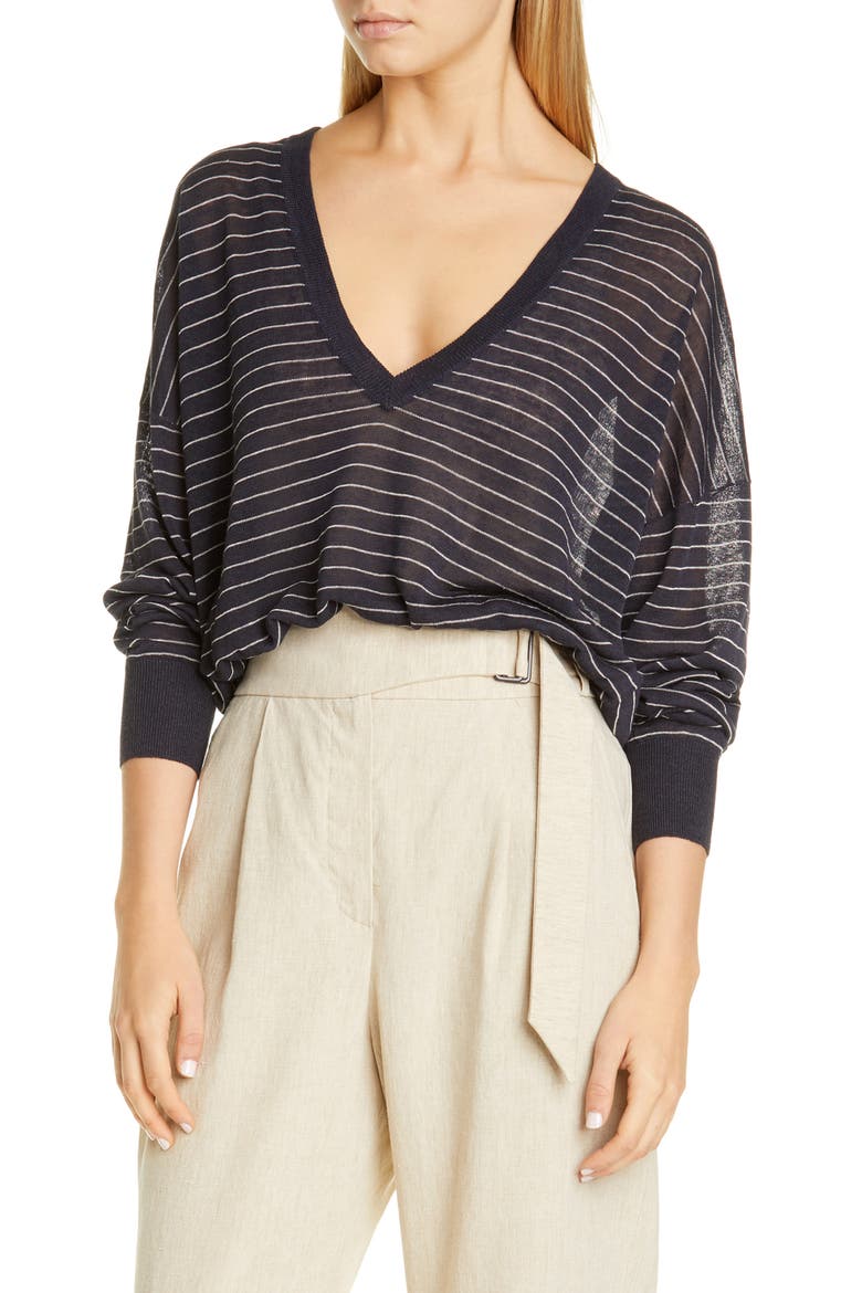 Stripe Sheer Linen Blend Sweater, Main, color, MIDNIGHT
