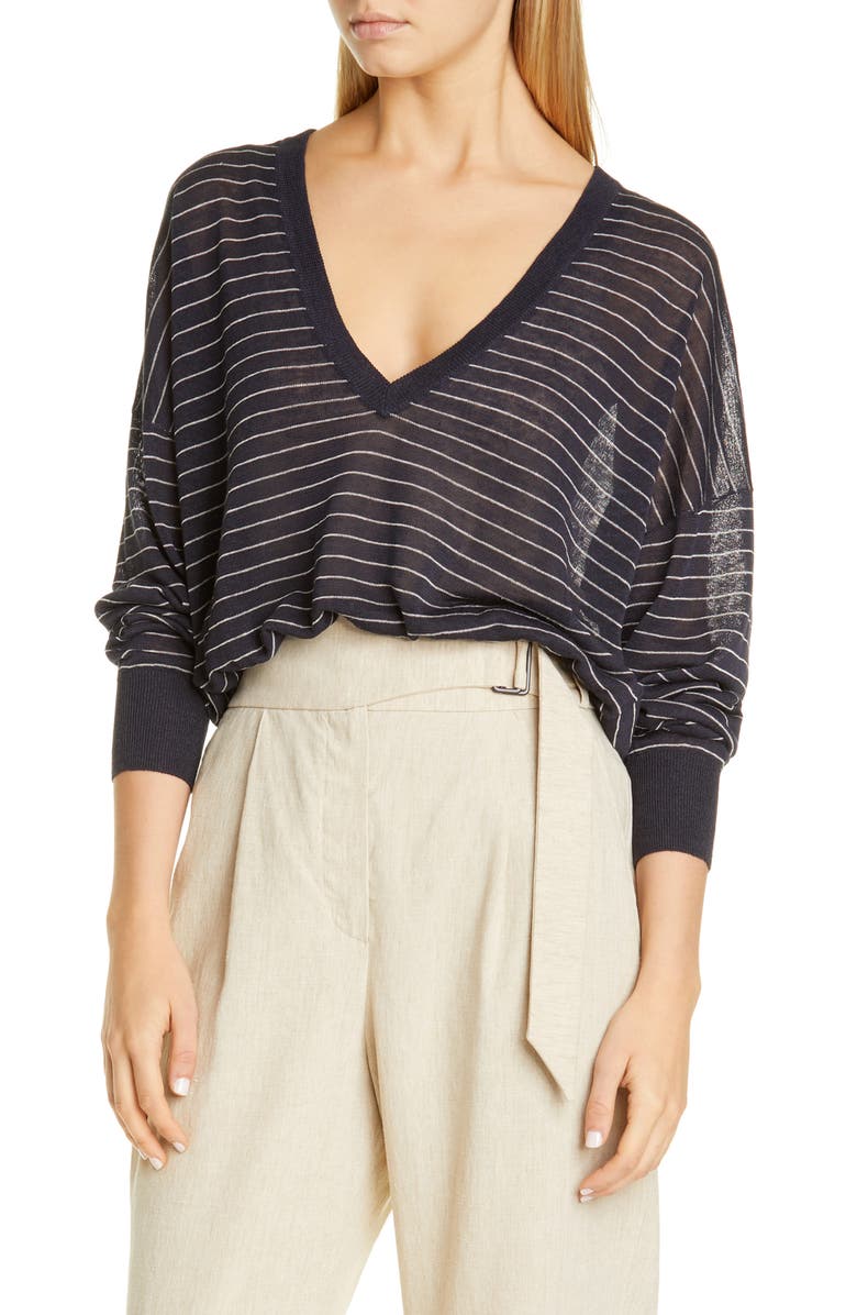 Brunello Cucinelli Stripe Sheer Linen Blend Sweater, Main, color, 