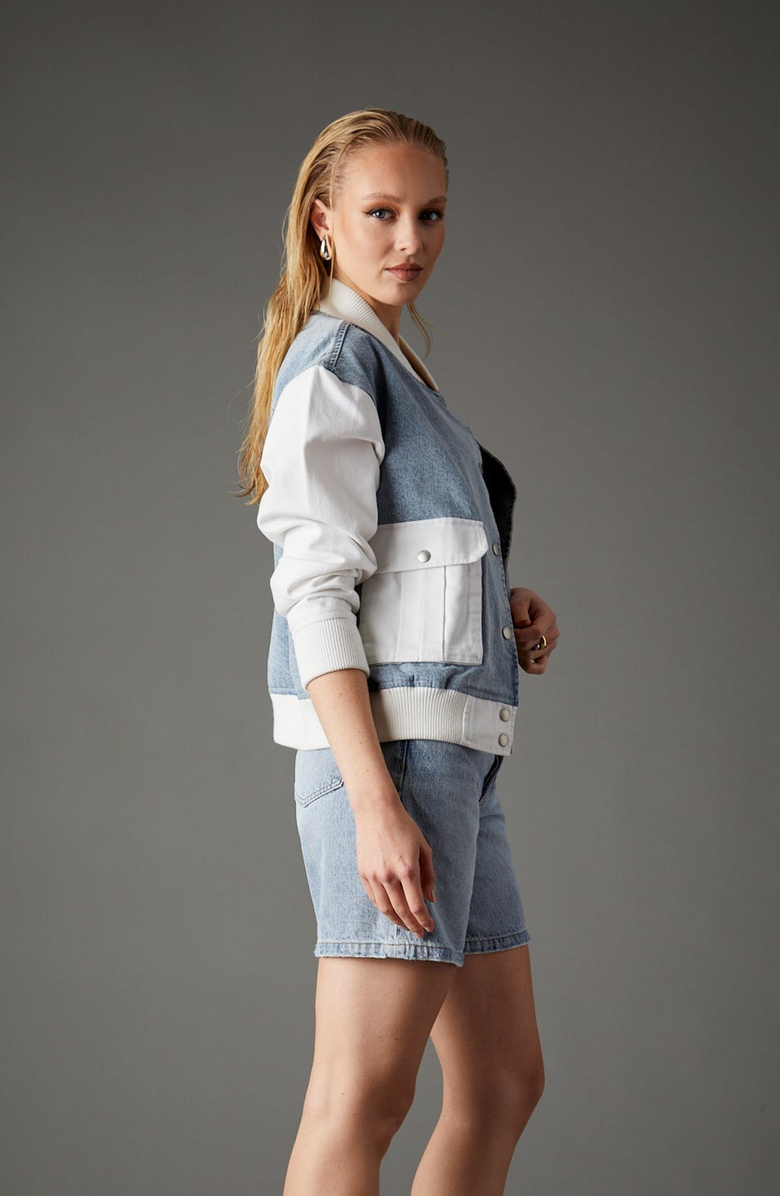 BLUE REVIVAL Admiral Mixed Media Bomber, Alternate, color, Light Stone