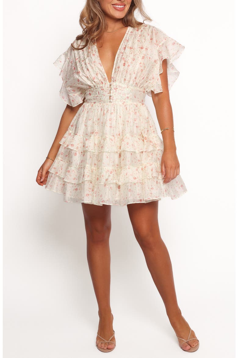 Tamsin Tiered Minidress, Main, color, CREAM CORAL FLORAL