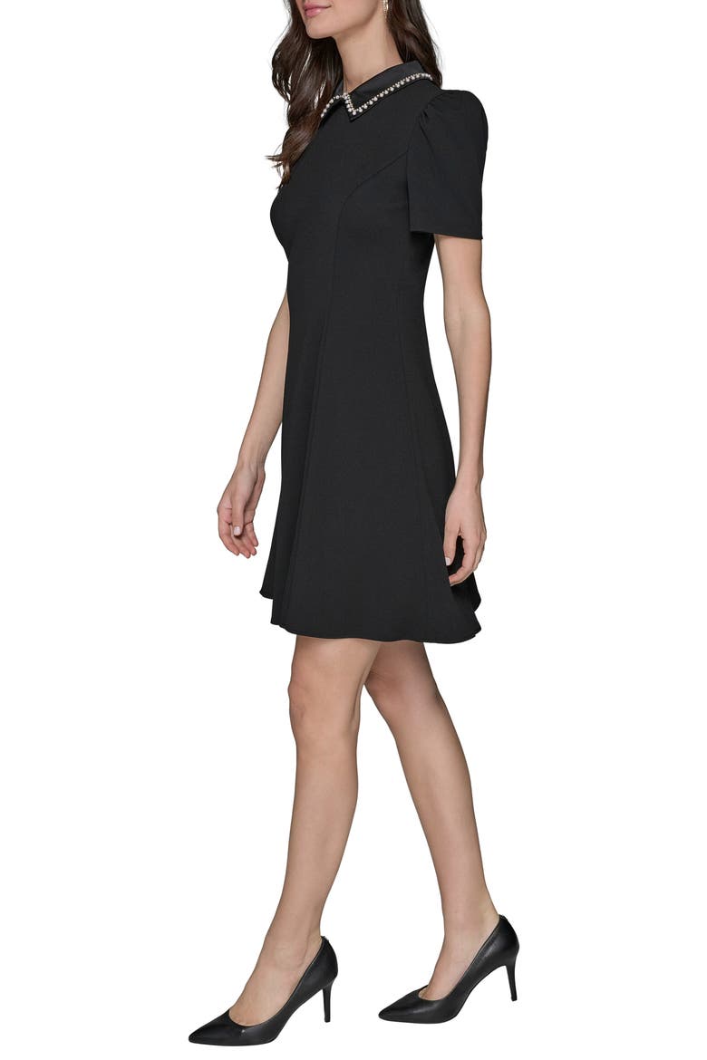 Faux Pearl Detail Crepe Fit & Flare Minidress, Alternate, color, BLACK
