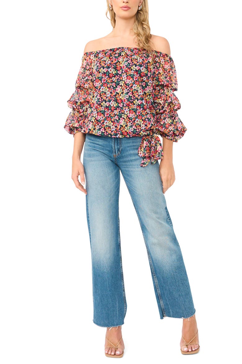 Floral Print Metallic Off the Shoulder Top, Alternate, color, CLASSIC NAVY