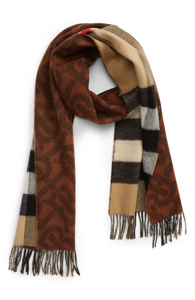 Burberry Monogram & Check Reversible Cashmere Scarf, Main, color, 