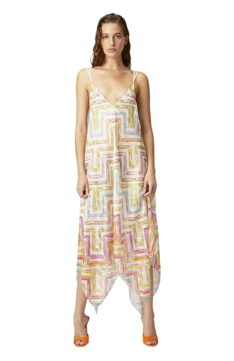 Long Cover-up Dress In Printed Tulle With Scarf Bottom