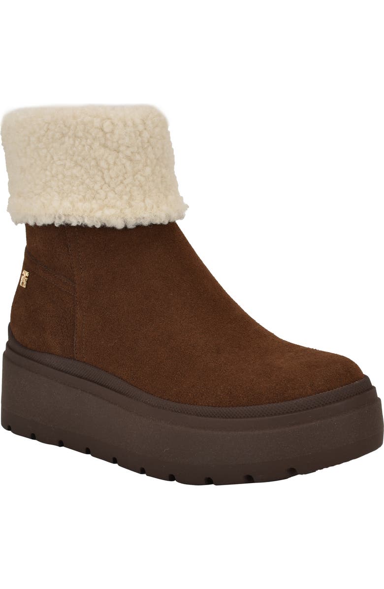 Tommy Hilfiger Peleiz Faux Shearling Cuff Platform Bootie, Main, color, Dark Brown Suede Shearling