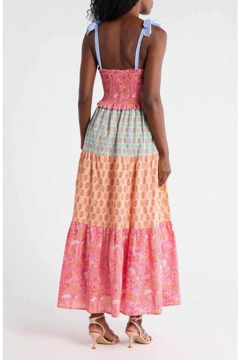 Tie Strap Smocked Tiered Cotton Maxi Dress, Alternate, color, PINK/ ORANGE/ TURQ