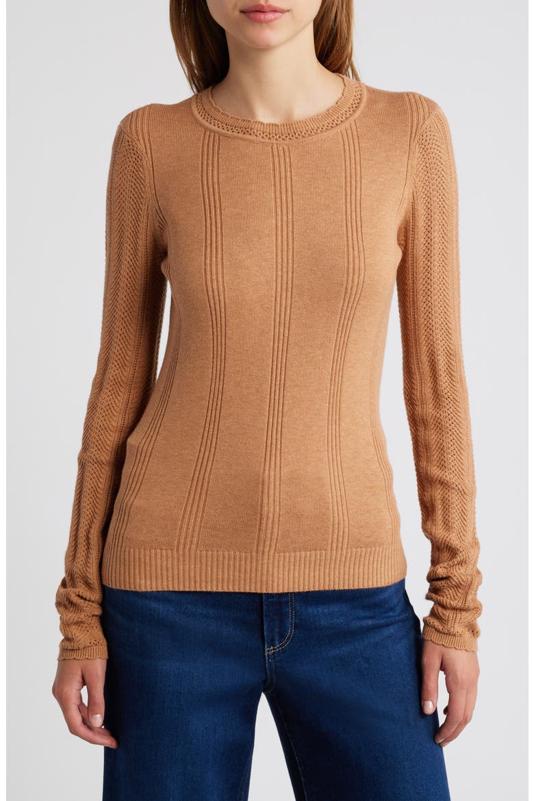 Claire Pointelle Organic Cotton Blend Crewneck Sweater, Main, color, MACCHIATO