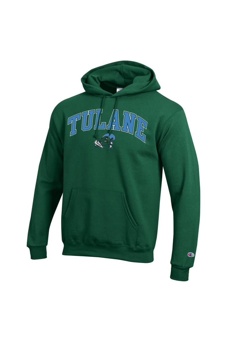 Men's Champion  Green Tulane Green Wave Arch Over Logo Pullover Hoodie, Alternate, color, Green