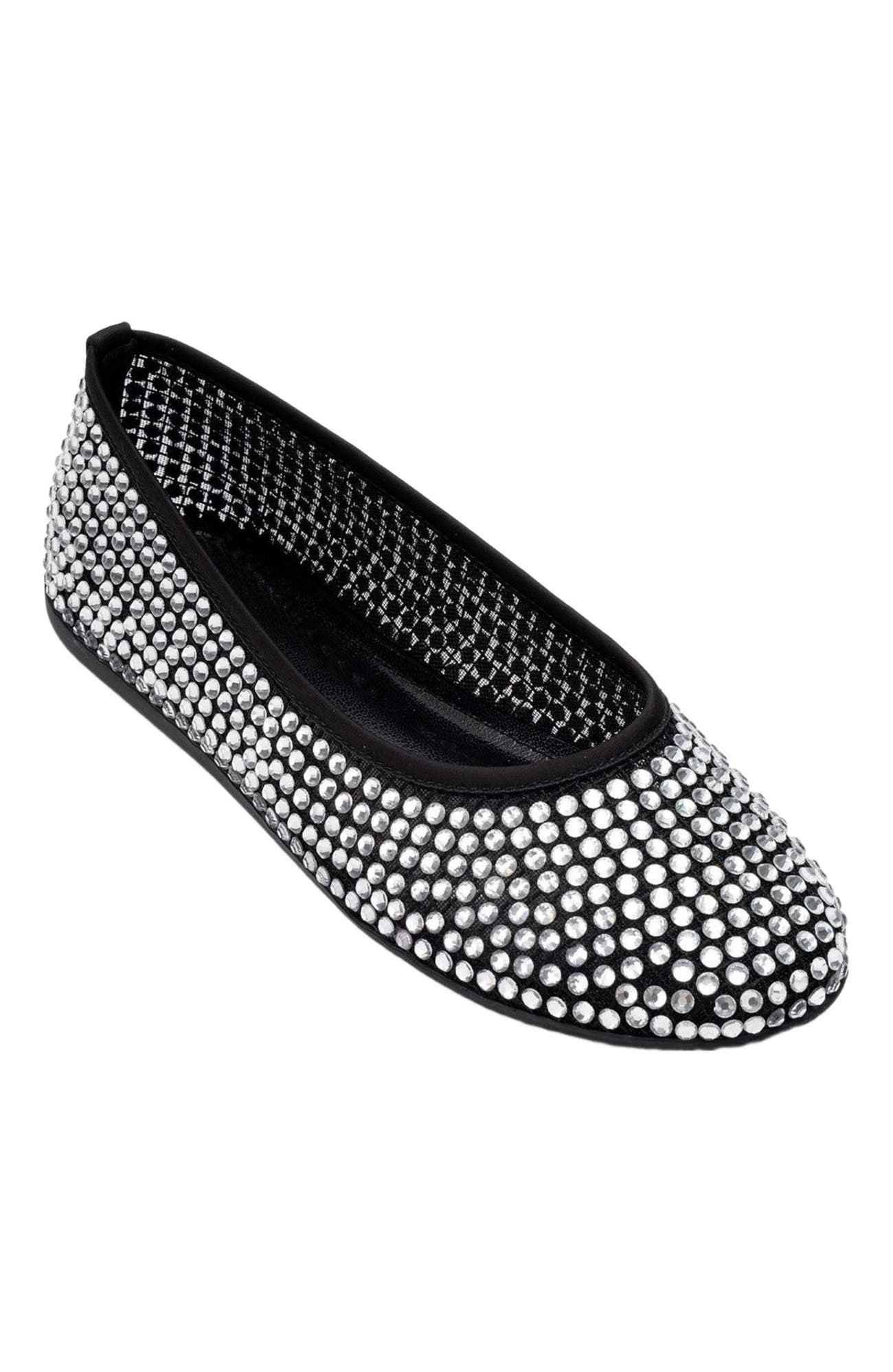 Prologue Shoes Runway Mesh Embellished Ballet Flat, Alternate, color, Black Faux Leather