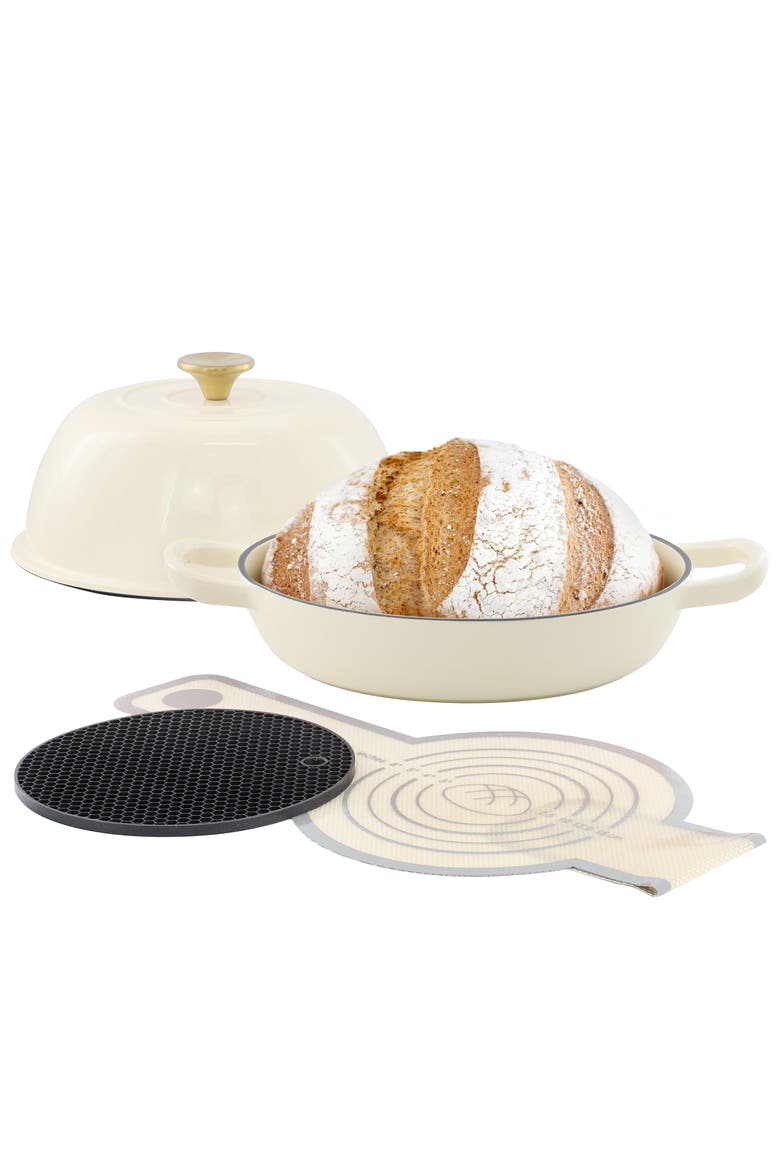 6 Quart Enameled Cast Iron Bread Pot with Baking Mat, Main, color, White